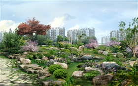diseño 3D, parque de la ciudad, casa, piedras, flores, hierba