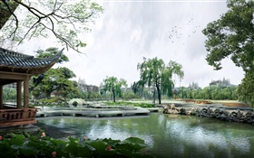 3D diseño, parque, lago, pabellón, árboles, puente