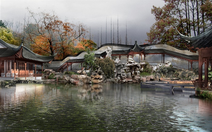 3D diseño del parque, lago, pabellón, árboles, otoño Fondos de pantalla, imagen
