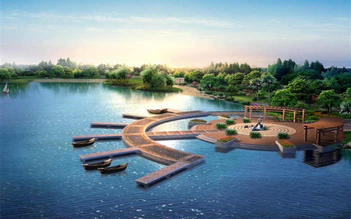 diseño del parque 3D, render, muelle, barcos, árboles, lago Fondos de pantalla, imagen