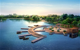 diseño del parque 3D, render, muelle, barcos, árboles, lago