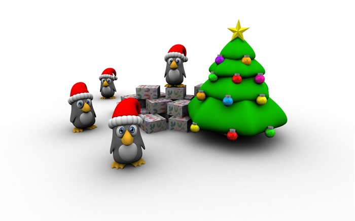 3D imágenes, árbol de navidad, pingüino, caja de regalo Fondos de pantalla, imagen