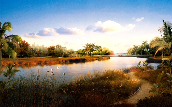 3D rinden paisaje, río, hierba, pájaros, palmeras, puesta del sol Fondos de pantalla, imagen