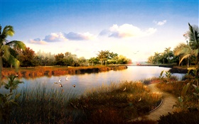 3D rinden paisaje, río, hierba, pájaros, palmeras, puesta del sol HD fondos de pantalla