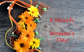 8 de marzo, Día de la Mujer, flores de gerbera, corazones del amor
