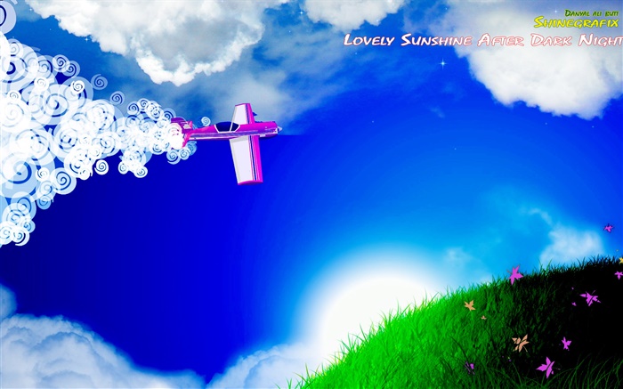 Aviones, nubes, hierba, flores, sol, diseño creativo Fondos de pantalla, imagen