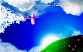 Aviones, nubes, hierba, flores, sol, diseño creativo HD fondos de pantalla