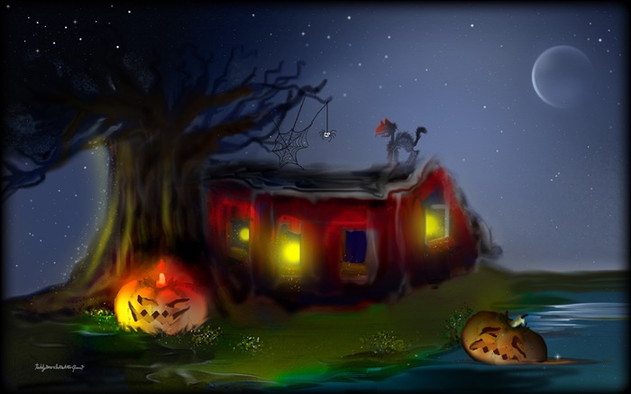 pintura del arte, Halloween, calabazas, araña, gato, árbol, luna Fondos de pantalla, imagen