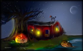 pintura del arte, Halloween, calabazas, araña, gato, árbol, luna HD fondos de pantalla