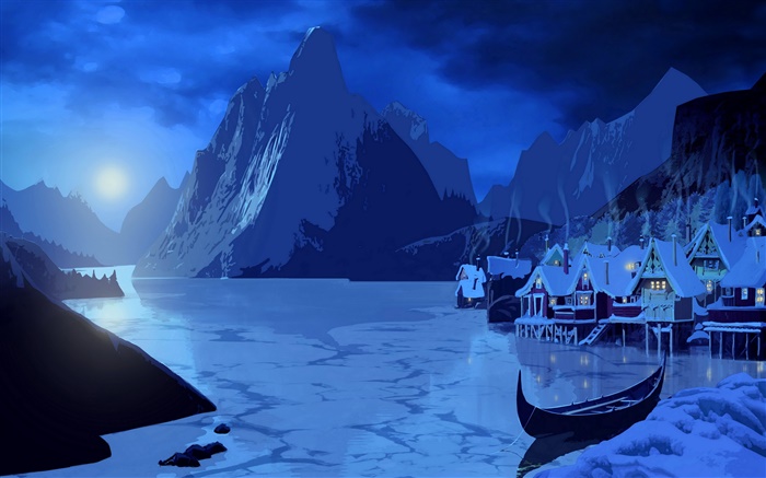 Arte de la pintura, nieve, noche, luna, casa, montañas, barco, río Fondos de pantalla, imagen