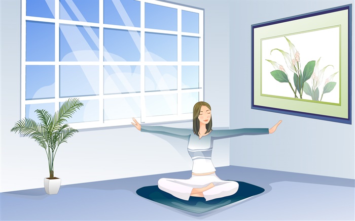 muchacha asiática que hace yoga, ventana, sala, vector fotos Fondos de pantalla, imagen