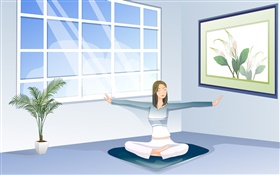 muchacha asiática que hace yoga, ventana, sala, vector fotos HD fondos de pantalla
