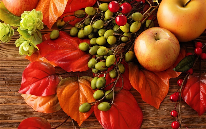Otoño, hojas, frutas, bayas, manzanas Fondos de pantalla, imagen