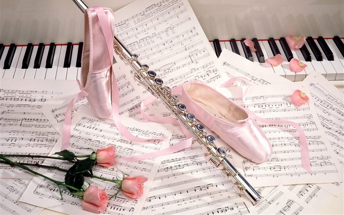 zapatillas de ballet, flauta, rosas rosadas, partituras musicales Fondos de pantalla, imagen