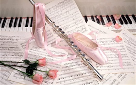 zapatillas de ballet, flauta, rosas rosadas, partituras musicales
