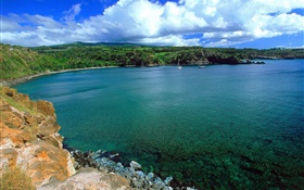 Bahía, el mar azul, barco, costa, nubes, Hawai, EE.UU. HD fondos de pantalla