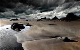Playa, piedras, costa, mar, cielo nublado HD fondos de pantalla
