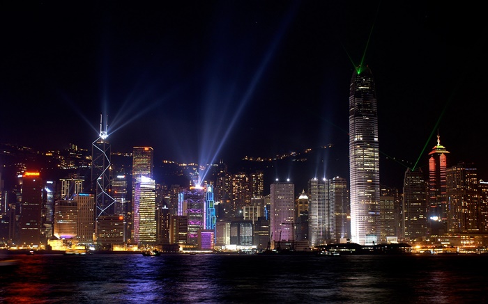 Beautiful Hong Kong, ciudad de la noche, los rascacielos, luces, mar Fondos de pantalla, imagen