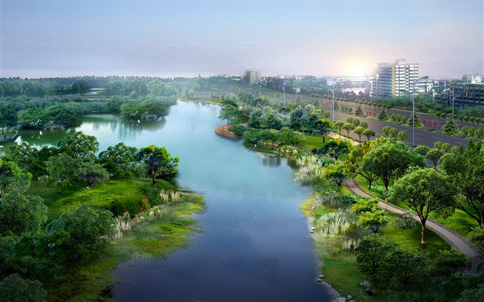 parque de la ciudad hermosa, diseño 3D, río, árboles, carreteras, casas Fondos de pantalla, imagen