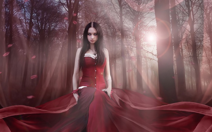 La muchacha hermosa fantasía, vestido rojo, bosque, sol Fondos de pantalla, imagen