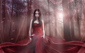 La muchacha hermosa fantasía, vestido rojo, bosque, sol