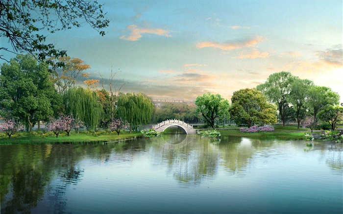 Parque hermoso lago, puente, árboles, diseño 3D Fondos de pantalla, imagen