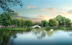 Parque hermoso lago, puente, árboles, diseño 3D