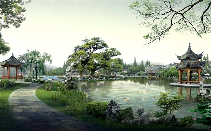 Hermoso parque, lago, piedras, pabellón, árboles, trayectoria, 3d diseño Fondos de pantalla, imagen