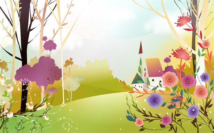 primavera, flores, árboles, sol, casa, diseño hermoso del vector Fondos de pantalla, imagen
