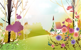 primavera, flores, árboles, sol, casa, diseño hermoso del vector HD fondos de pantalla