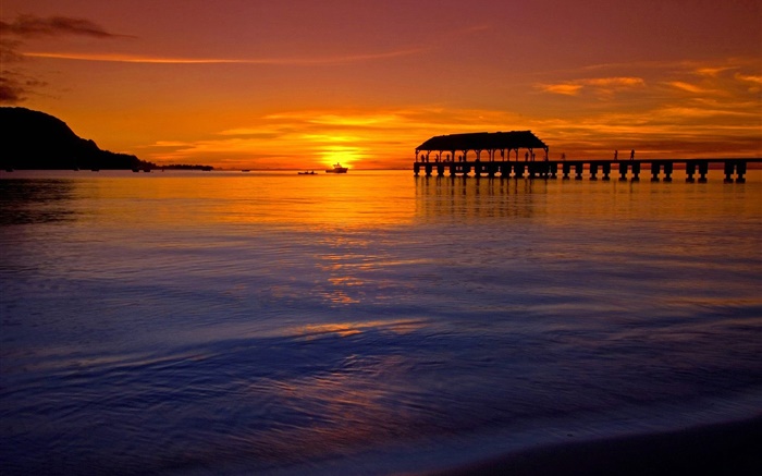 Hermosa puesta de sol en Hawai, EE.UU., mar, estilo de color rojo, el muelle Fondos de pantalla, imagen