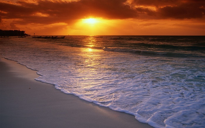 puesta del sol, mar, playa, nubes, cielo rojo muy bonito Fondos de pantalla, imagen