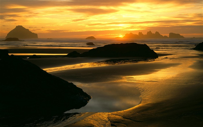 puesta del sol, mar, costa, rocas, cielo rojo muy bonito Fondos de pantalla, imagen