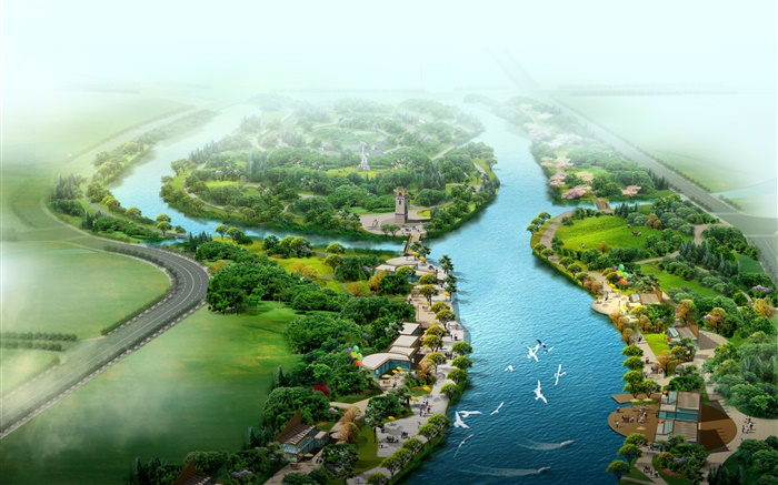Bella Vista superior del parque, río, hierba, árboles, pájaros, 3d diseño Fondos de pantalla, imagen