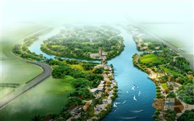 Bella Vista superior del parque, río, hierba, árboles, pájaros, 3d diseño HD fondos de pantalla