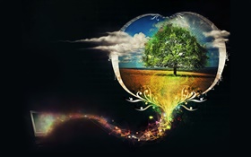 Hermoso árbol, corazón del amor, fondo negro, el diseño creativo