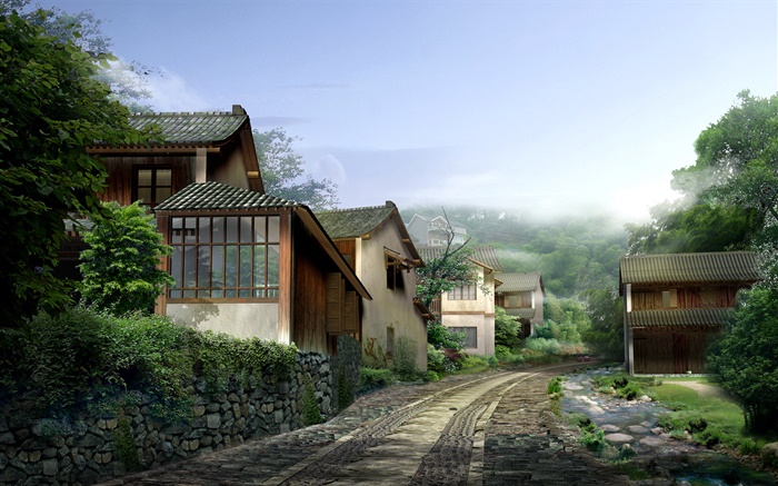 Hermoso pueblo, casas, carreteras, piedras, niebla, render 3D de diseño HD  fondos de pantalla | 3D | fondo de escritorio de vista previa |  