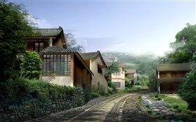 Hermoso pueblo, casas, carreteras, piedras, niebla, render 3D de diseño HD fondos de pantalla