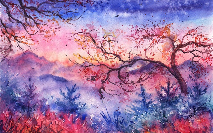 Pintura hermosa de la acuarela, noche, árboles, montañas, rojo estilo Fondos de pantalla, imagen