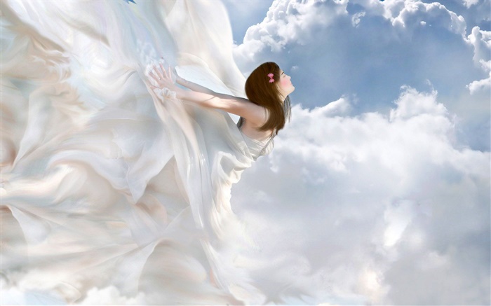 Ángel hermoso vestido blanco, muchacha fantasía, nubes Fondos de pantalla, imagen