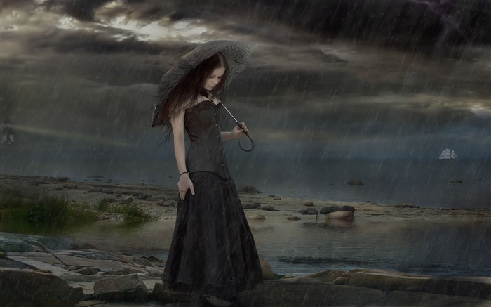 chica de moda de fantasía negro en la noche lluviosa, paraguas Fondos de pantalla, imagen