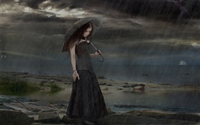 chica de moda de fantasía negro en la noche lluviosa, paraguas