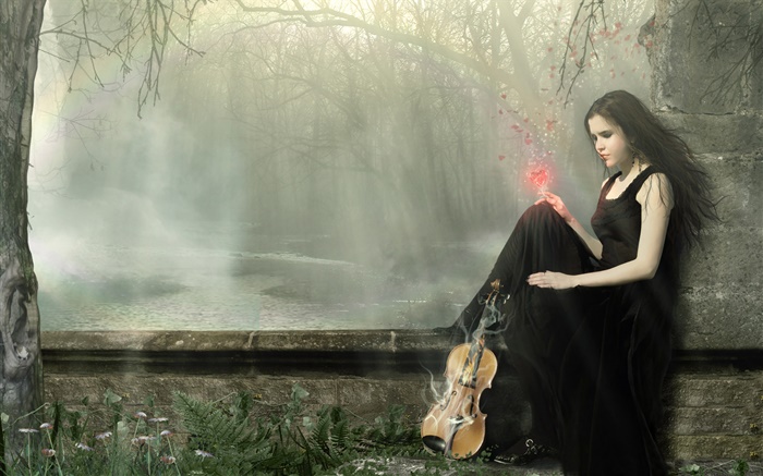vestido negro chica mágica fantasía, violín Fondos de pantalla, imagen