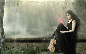 vestido negro chica mágica fantasía, violín HD fondos de pantalla