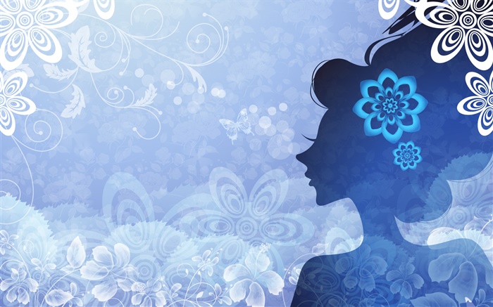 fondo azul, vector chica, flores, mariposas Fondos de pantalla, imagen