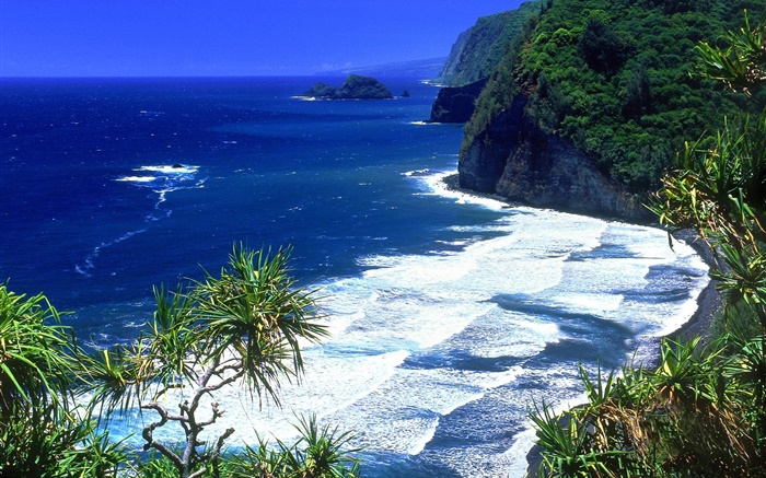 el azul del mar, costa, montañas, Hawai, EE.UU. Fondos de pantalla, imagen