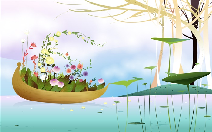 Barco, flores, árboles, río, estación de primavera,, diseño creativo del vector Fondos de pantalla, imagen