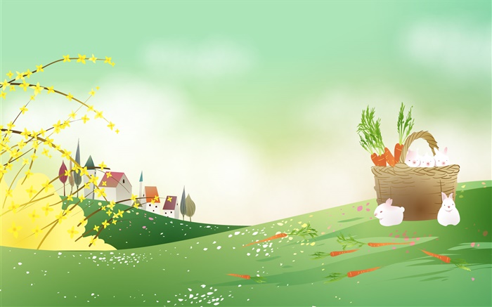 Zanahorias, conejo blanco, cesta, imagen vectorial tema de la primavera Fondos de pantalla, imagen