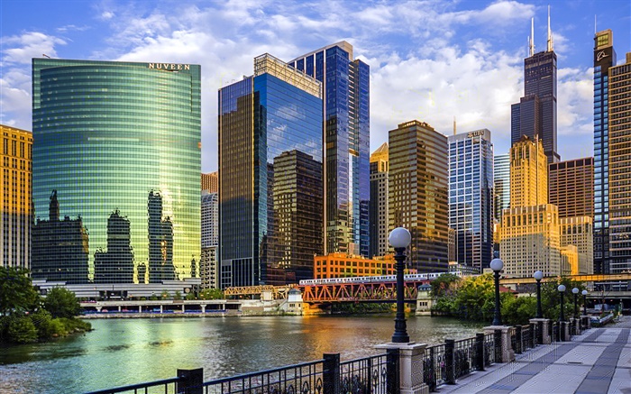 la ciudad de Chicago, Illinois, EE.UU., rascacielos, río, puente Fondos de pantalla, imagen