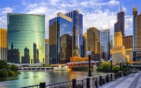 la ciudad de Chicago, Illinois, EE.UU., rascacielos, río, puente HD fondos de pantalla